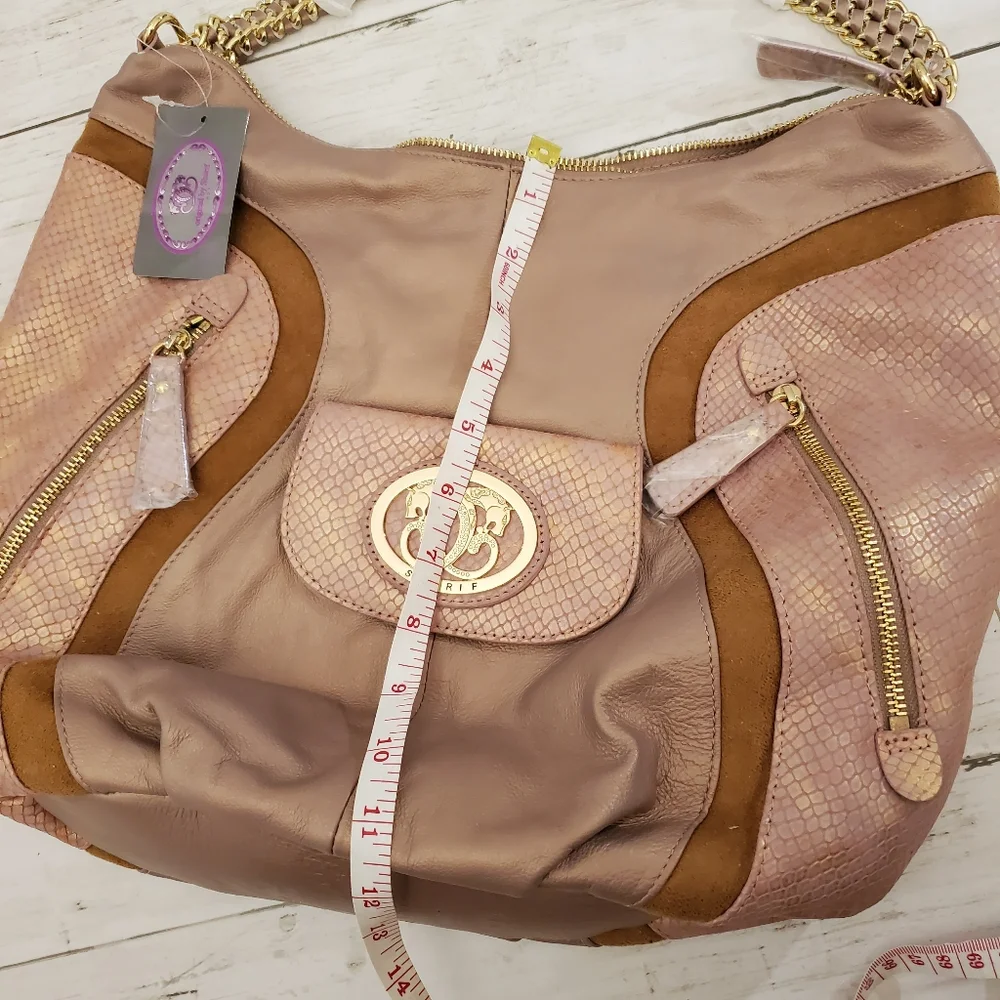NWT Sharif Hobo Bag Reptile Print Suede Dusty‎ Pink Copper Metallic Purse